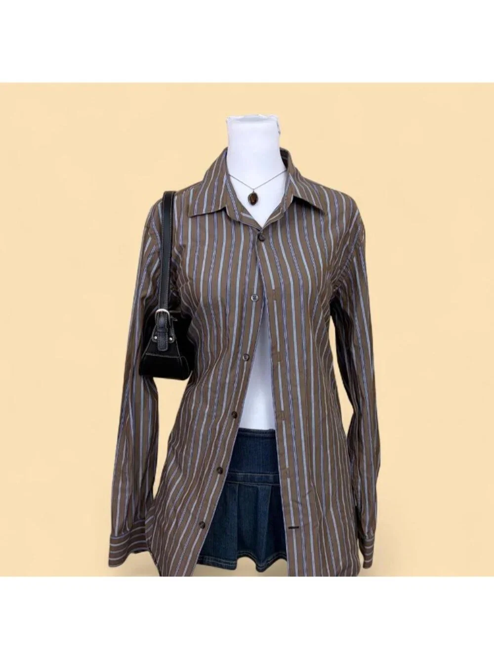 brown blue pinstripe alt emo grunge button down shirt